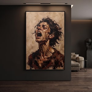 Könnte beinhalten: Ein rechteckiger Wandkunstdruck mit einem Ölgemälde einer Person mit dunklem, zerzaustem Haar und weit geöffnetem Mund, eingefangen in einem Moment intensiven Ausdrucks. Die Farbpalette besteht aus tiefen Brauntönen, Beige und Erdtönen.