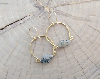 Earrings... "Stellar" earrings are a beautiful black spotted quartz gemstone caught in brass wire.