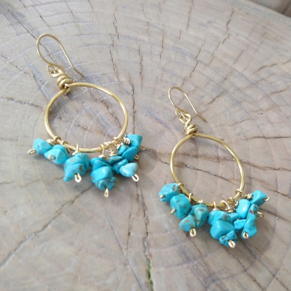 Earrings "Blue Skies" Beautiful sky blue Turquoise earrings wrapped in fine brass wire with brass ear wires.
