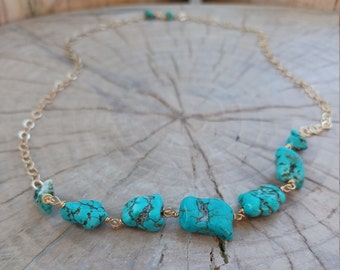 Necklace... "Blue Skies" beautiful turquoise nuggets hand wrapped onto gold brass chain.