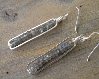 Earrings...  "Mid Summer's night" beautiful Labradorite faceted gemstones strung on and boxed in sterling silver earrings.