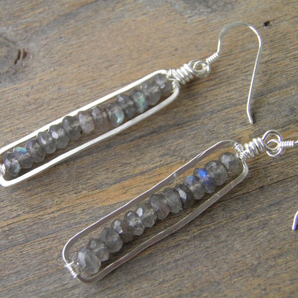 Earrings...  "Mid Summer's night" beautiful Labradorite faceted gemstones strung on and boxed in sterling silver earrings.