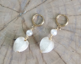 Earrings "Ocean's Whisper" brass hoop earring with pearl and shell hand wrapped earrings.