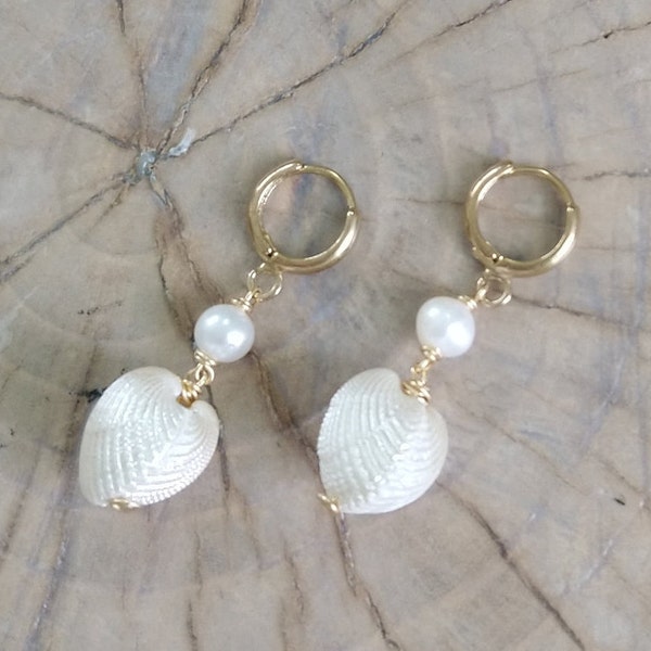 Earrings "Ocean's Whisper" brass hoop earring with pearl and shell hand wrapped earrings.