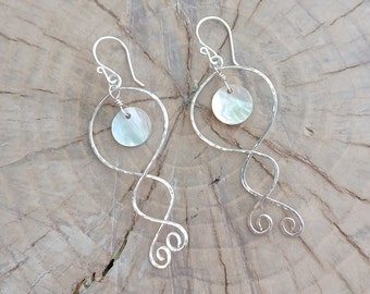 Earrings... "Ocean tide" handmade and hammered sterling silver earrings with shells.