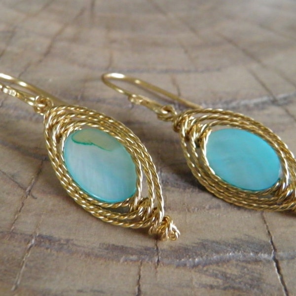 Earrings... "Ocean Sunset" beautiful Shell hand wire wrapped in brass.