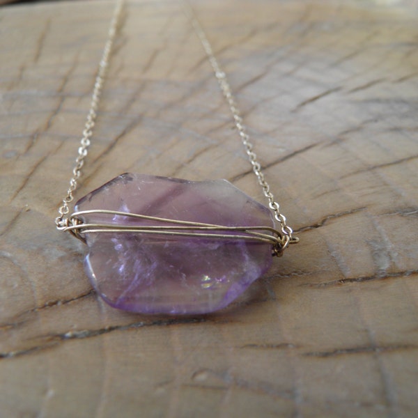 Sterling Silver Necklace... "Amethyst" beautiful amethyst stone wrapped in silver and hanging on sterling silver chain.