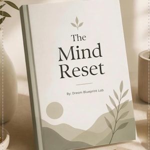 May include: A book titled The Mind Reset by Dream Blueprint Lab with a white cover featuring a sage green graphic of a sun, rolling hills, and a leafy branch. The text is printed in a dark grey serif font centered on the front cover.