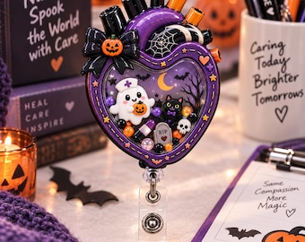 Anatomical Heart Halloween Shaker Badge Reel, Spooky Cardiology Cardiac Nurse Retractable Badge Holder, CVICU Cath Lab RN Healthcare Gift