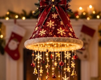 Hangende verlichte kersthoed, gloeiende gestreepte heksenhoed, windgong, kerstversiering met feeënlampjes, kerstboomornament, feestelijke veranda- en tuindecoratie, wintercadeau