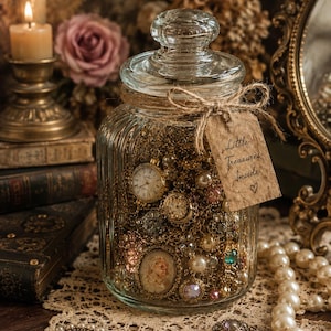 Puede incluir: Un frasco de vidrio transparente acanalado con tapa, lleno de joyas doradas, incluyendo relojes, broches y cuentas. Una etiqueta de papel marrón atada con cordel alrededor del cuello presenta el texto escrito a mano Little Treasures Inside y un corazón.