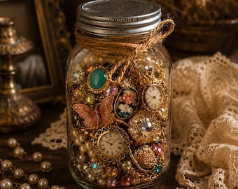Vintage-Schmuck-Überraschungsbox, antikes Glasgefäß gefüllt mit zeitlosen Stücken, Konvolut aus einer Schublade, Cottagecore-Überraschungsgeschenk, Perlen- und Broschenbox