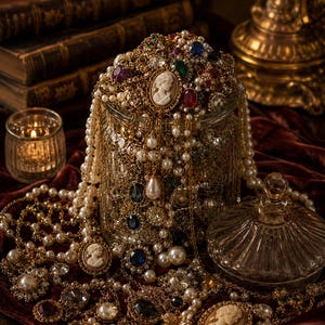 Puede incluir: Un frasco de vidrio transparente rebosante de joyas doradas, que incluye múltiples hileras de perlas blancas, varios collares con piedras preciosas azules, rojas y verdes, y varios broches de camafeo ovalados con perfiles blancos sobre fondo beige.