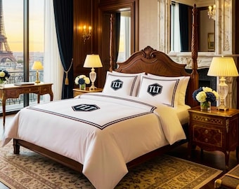 Anpassat monogrambomullssatin-sängkläderset: 400 TC hotellsömmar påslakan och överdrag