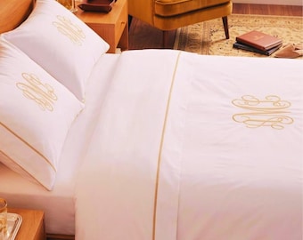 Individuell besticktes Bettbezug- und Kissenbezug-Set, 400 TC Baumwollsatin-Hotelbettwäsche