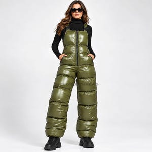 Olivgrön halvblank täckjumpsuit för kvinnor, ärmlös snödräkt med huva, isolerad skidoverall