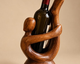 Wooden Wine Bottle Holder – Human Figure Wine Rack, Rustic Wooden Bottle Display, Unique Bar Decor, Artisan Gift