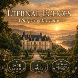Può includere: Un grande castello in pietra con molteplici torri e un tetto in ardesia si trova alla fine di un sentiero in giardino al tramonto. Testo: ETERNAL ECHOES Whispers of the Loire, 1-40 GUESTS, ALL AGES, WEDDING WEEKEND EVENT. Include alberi, fiume e colline.