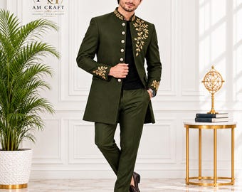 Groom Wedding Outfit for Men, Olive Green Victorian Tailcoat, Gold Embroidered Formal Suit, Elegant Long Coat, Custom Tailored Menswear