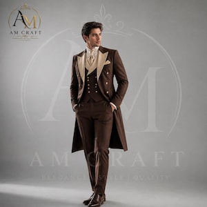 May include: A dark brown double-breasted tailcoat suit featuring a contrasting cream-colored vest with gold buttons, a matching cream-colored necktie, and a white collared shirt. The ensemble includes slim-fit trousers and dark brown leather dress shoes.