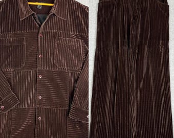 Conjunto de camisa y pantalón de terciopelo vintage Godbody, talla XL/38, color marrón, estilo streetwear, 2 piezas, textura gruesa.