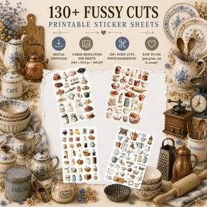 Peut inclure: Un produit en téléchargement numérique comprenant plus de 130 planches d'autocollants à découper avec des illustrations de cuisine et de pâtisserie. L'image montre quatre planches de petits graphiques détaillés entourées d'ustensiles de cuisine rustiques, de bouilloires en cuivre et de bols en céramique.