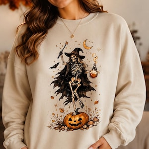 Halloween Witch Sweatshirt, Skeleton and Pumpkin Crewneck, Vintage Spooky Season Sweater