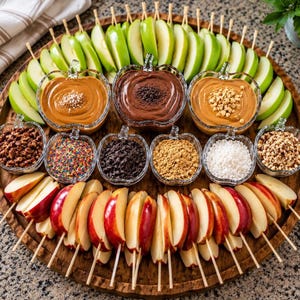 May include: A round wooden serving tray featuring green and red apple slices on skewers, three large apple-shaped glass bowls filled with peanut butter and chocolate spreads, and eight smaller glass bowls containing various toppings and nuts.