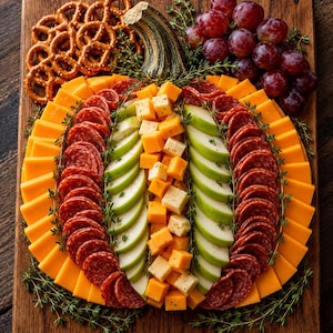 Peut inclure: Une planche de charcuterie disposée en forme de citrouille, composée de tranches de cheddar, de rondelles de salami, de tranches de pomme verte, de dés de fromage, de bretzels et de raisins rouges, agrémentée de brins de thym frais.