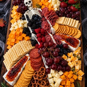 Può includere: Un tagliere di salumi a tema Halloween su un vassoio di legno con uno scheletro di plastica circondato da formaggi assortiti, cracker, salame, pepperoni, uva rossa, fragole, more, lamponi, mirtilli, pretzel e marmellata.