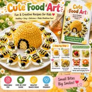 May include: A cookbook titled Cute Food Art featuring recipes for kids, displayed with a large beehive-shaped food sculpture made of corn kernels and black olives, surrounded by bee-shaped deviled eggs on a white plate, with step-by-step guides.