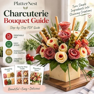 Può includere: Una guida PDF Charcuterie Bouquet con un bouquet di rose di salame e formaggio, olive verdi e grissini. La guida include una lista della spesa, istruzioni passo dopo passo e idee creative, con il testo PlatterNest.