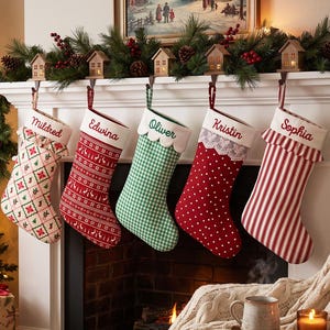 Personalized Christmas Stocking:With Name, Red Stripe,Ruffle Cuff, and Lace Options,Plaid Holiday Decor, Family Xmas Gift,Mantel Stocking