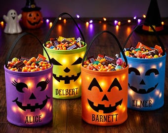 Personalisierte Halloween-Süßigkeitentüte mit LED-Halloweenkorb, leuchtendem Geister-Süßigkeiteneimer, Halloween-Süßigkeitentüte für Kinder mit gruseligem Kürbisgesicht