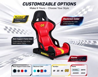 May include: A black and red racing-style bucket seat featuring the name RUSSELL in yellow text on the base and the number 08 in yellow on the backrest. The image includes text labels for customizable options including number, backrest color, back support frame color, and name.