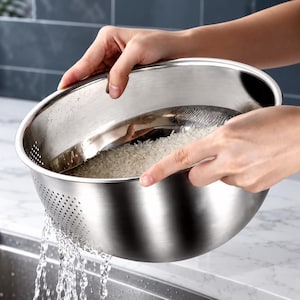 May include: A stainless steel colander bowl with a polished finish, featuring small perforated drainage holes along the side and bottom, currently holding white rice while water drains through the openings into a sink below.