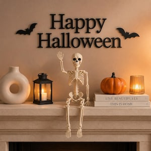 Posable Halloween Skeleton Decoration 16 Inch Plastic Human Figure Fake Bone Prop for Haunted House Party Table Shelf Décor