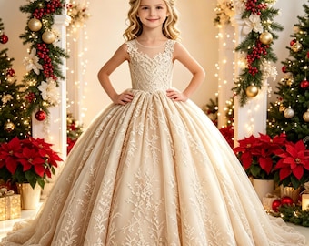 Champagne Lace Flower Girl Dress, Sleeveless Tulle Pageant Gown, Floral Lace Princess Dress for Wedding, Christmas Birthday Party