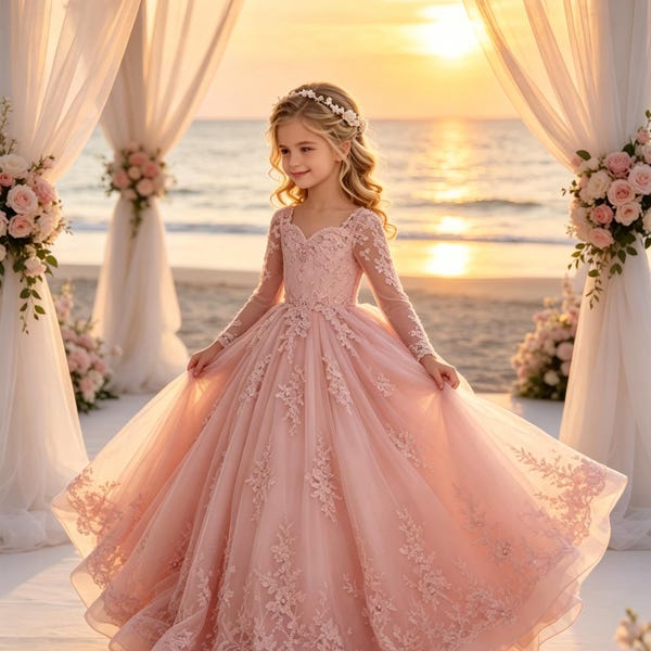 Blush Pink Lace Flower Girl Dress, Long Sleeve Tulle Kids Wedding Bridesmaid Gown (Customizable)