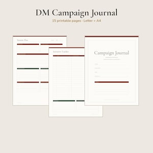 Op de afbeelding: Een DM-campagnejournaalset met 15 printbare pagina's in Letter- en A4-formaat. Het document toont drie verschillende paginalay-outs, waaronder een sessieplan, een initiatief-tracker en een voorpagina met donkerrode accenten.