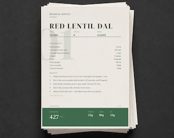 Tarjetas imprimibles de recetas vegetarianas con alto contenido proteico, 24 comidas sin carne con macronutrientes y alternativas veganas.