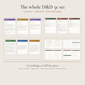 May include: A digital D&D 5e set featuring 6 products, 1,489 cards, and 23 printable pages. The display shows various spell cards, monster stat blocks, and reference sheets with text headers like The whole D&D 5e set and Everything, at half the price.