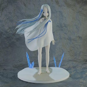 May include: A standing anime-style figurine of a character with long, flowing white hair accented by blue strands. The figure wears a simple white garment and stands on a circular white base decorated with translucent blue crystal-like spikes.