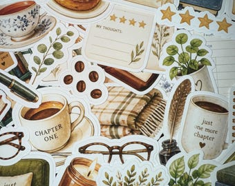 May include: A collection of die-cut stickers featuring watercolor illustrations of books, coffee mugs with text like Chapter One and just one more chapter, potted plants, eyeglasses, a cinnamon roll, a tote bag, and a candle, all with a cozy aesthetic.