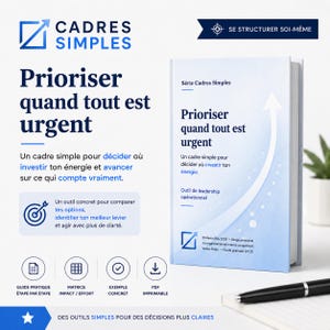 May include: A white book titled Prioriser quand tout est urgent with a blue gradient arrow graphic on the cover. The cover includes the text Série Cadres Simples, Outil de leadership opérationnel, and copyright information for Martin Roy 2026.