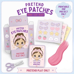 May include: A printable PDF project for pretend eye patches featuring a lavender box, a card with the text 'YOU LOOK AMAZING!', and sheets of stickers in shapes like stars, hearts, clouds, and strawberries, accompanied by a pair of small purple scissors.
