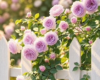 May include: A white wooden picket fence with numerous light purple roses in full bloom. The rose bushes feature dense green foliage and multiple flower buds, with the blossoms showing layered petals in shades of lavender and soft violet.