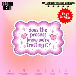 Does The Process Know We're Trusting It Sticker Funny Sarcastic Meme Question Humor Waterproof Vinyl Sticker for Water Bottle Laptop Gift