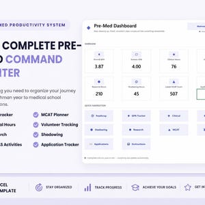 Puede incluir: Una plantilla de panel digital Pre-Med Productivity System con un centro de mando para realizar un seguimiento de GPA, horas clínicas, investigación y planificación de MCAT. La interfaz incluye un menú de navegación y un icono de Excel.