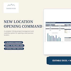 Può includere: Un sistema di gestione progetti digitale intitolato New Location Opening Command di North Peak. Include 17 fogli di lavoro integrati, 100 attività precaricate e 10 modelli Word modificabili. La dashboard mostra metriche di avanzamento, grafici a barre ed elenchi di attività in formato Excel, Word e PDF.